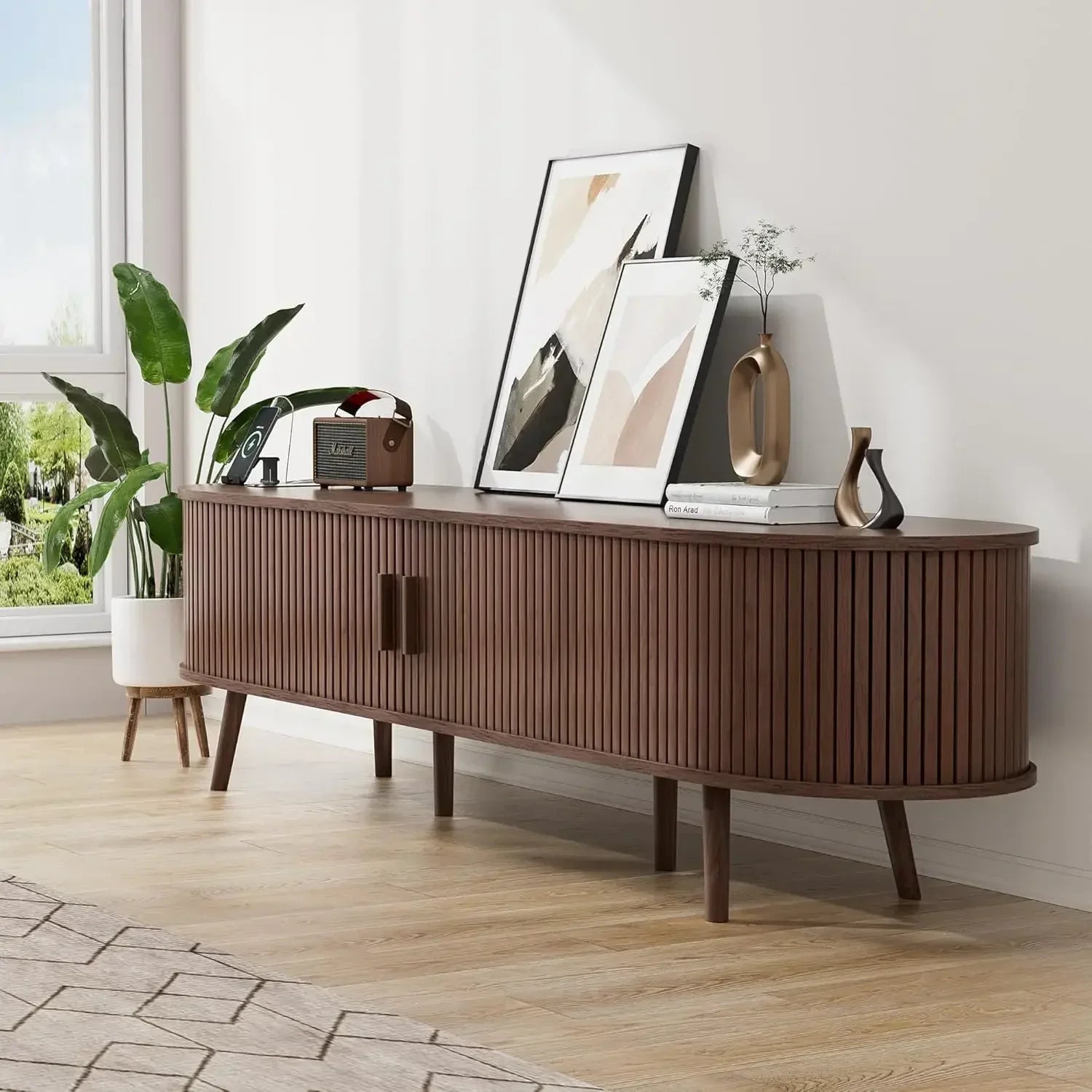 XMSJ. Fluted Entertainment Center Living Room,69" Mid Century Modern TV Stand with Charging Station ,Drawer and Shelf, Bedroom