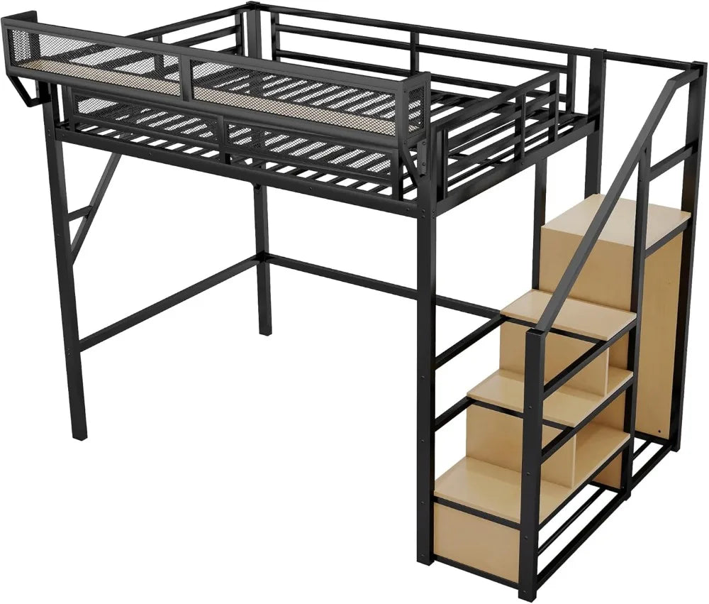 Full Size Metal Loft Bed with Staircase, Built-in Storage Shelves & Wardrobe, Easy Assembly, Black