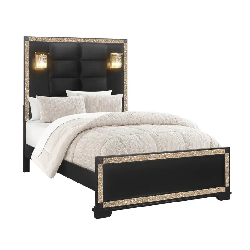 Full Bed Set in Black and Gold with Lamps