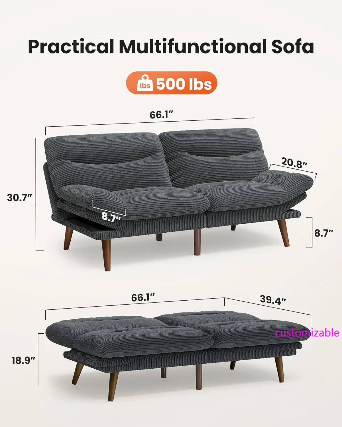 Futon Sofa Bed, Couch with Adjustable Backrest & Armrests, Convertible Futon Sofa Couch