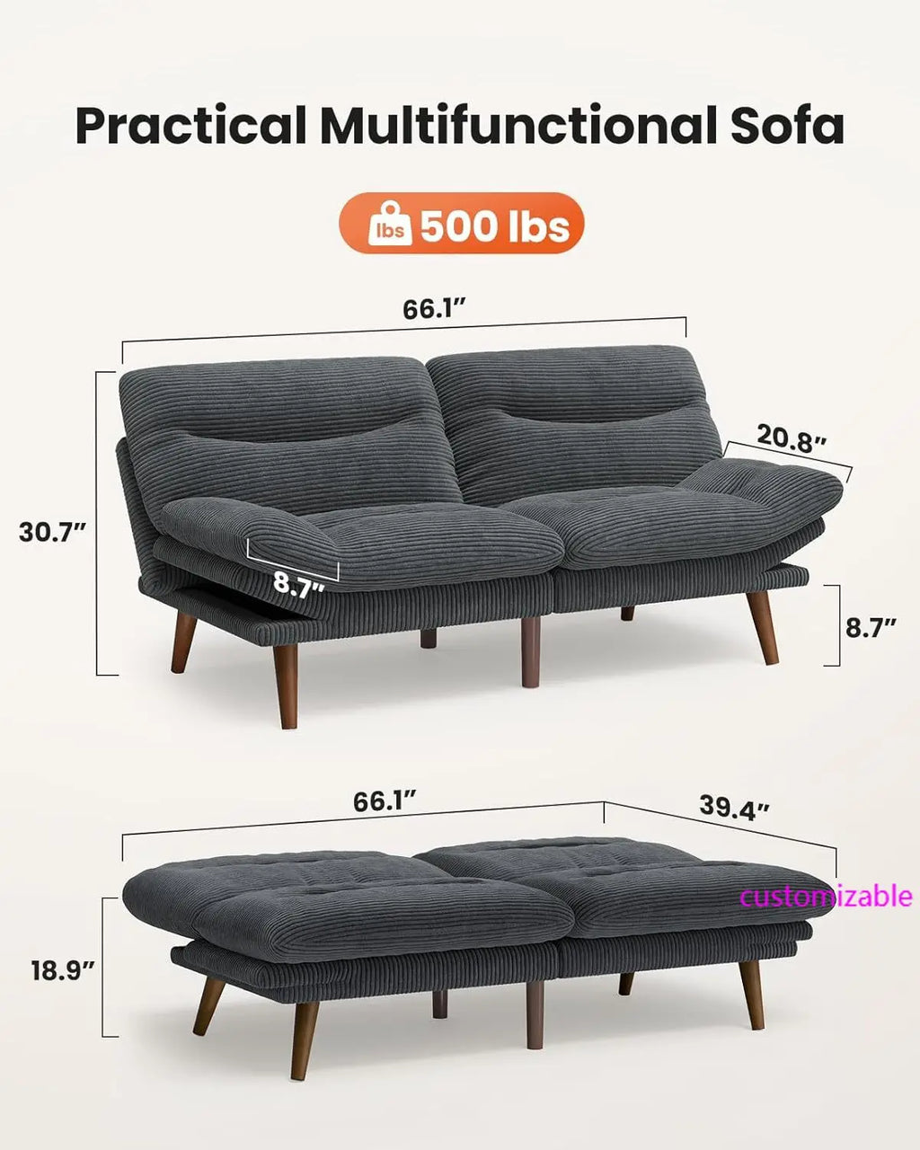 Futon Sofa Bed, Couch with Adjustable Backrest & Armrests, Convertible Futon Sofa Couch