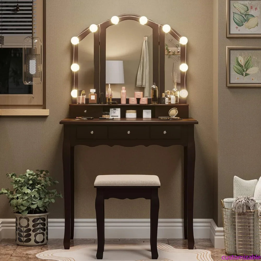 Makeup Vanity Set with Lighted Mirror and Stool, Dressing Table with 5 Drawers, and 3 Light Settings