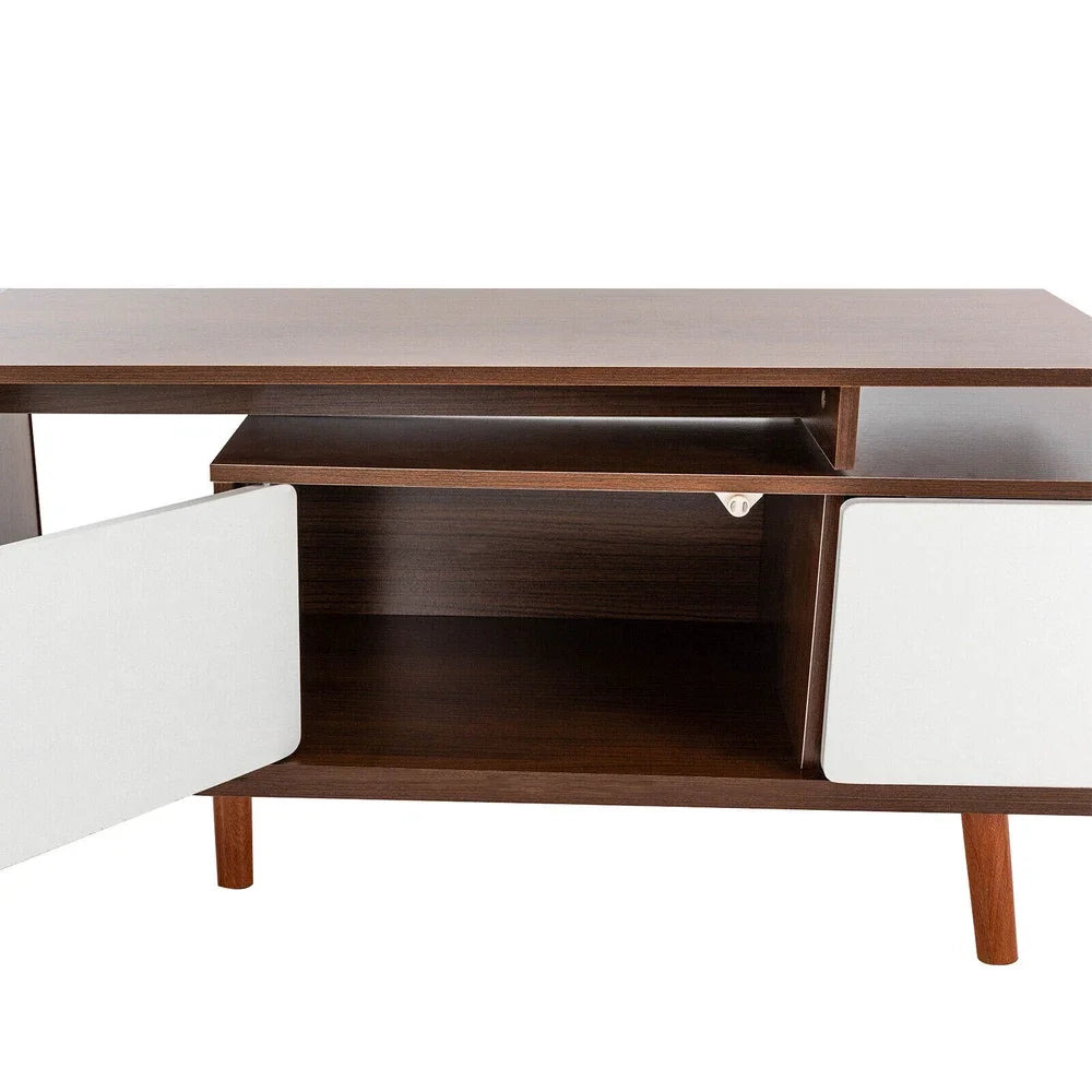 Adjustable Large-Capacity TV Cabinet TV Stand, Walnut & White, Solid Wood 47.2-78.7" Length, Modern Living Room Storage