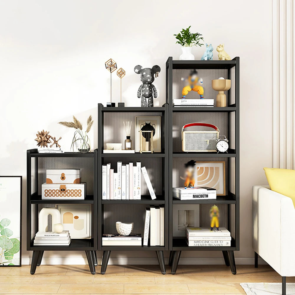 4-Tier Black Metal Display Cabinet with Fluted Acrylic Doors/ Stackable Dustproof Figurine/ Collectibles Showcase Open/Closed Combo Bookshelf Freestanding Toy Figure Storage Shelf for Living Room Home Decor
