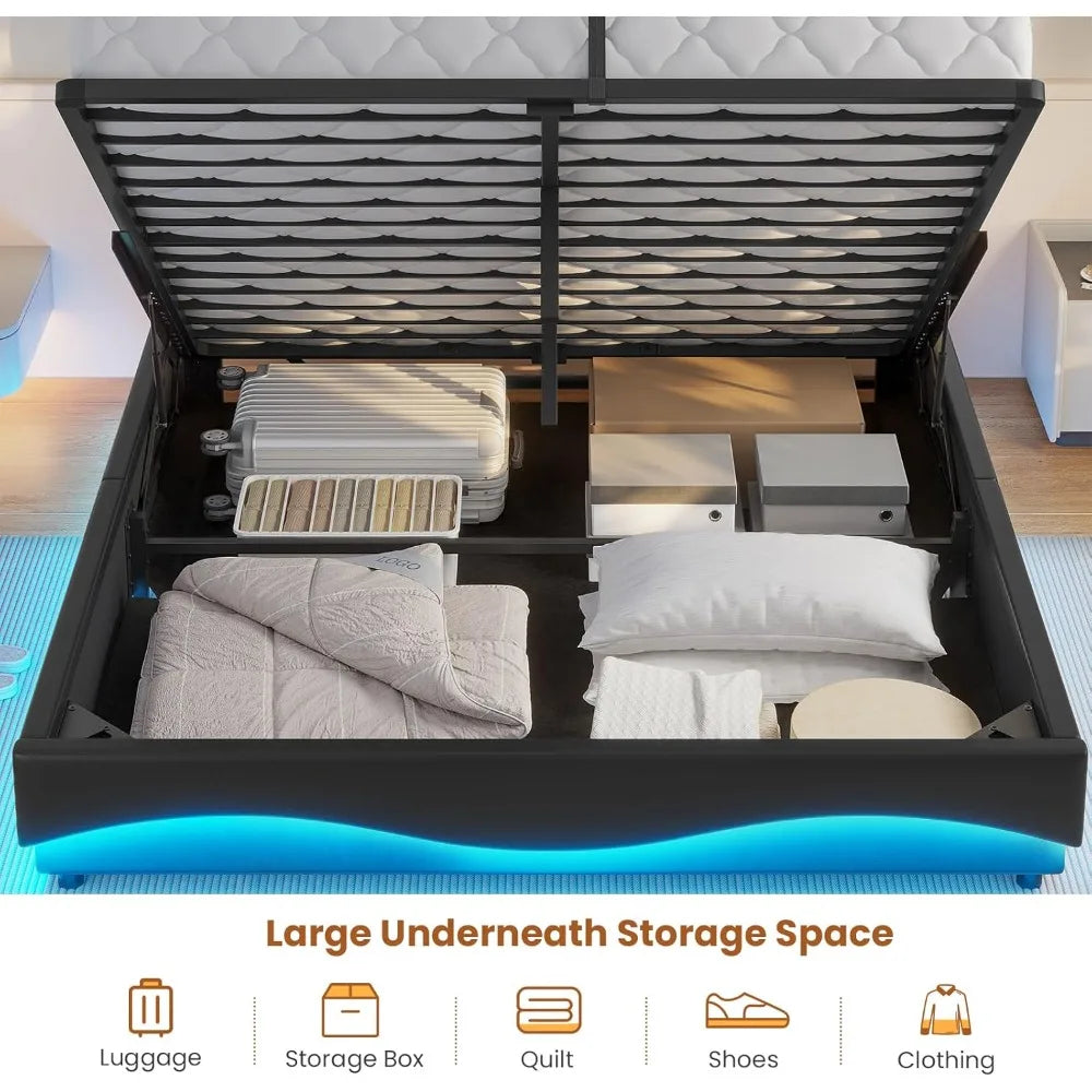 Lift Up Storage Queen Bed Frame with Type-C Charging Station & Hidden Storage Headboard, LED Lights Upholstered Platform
