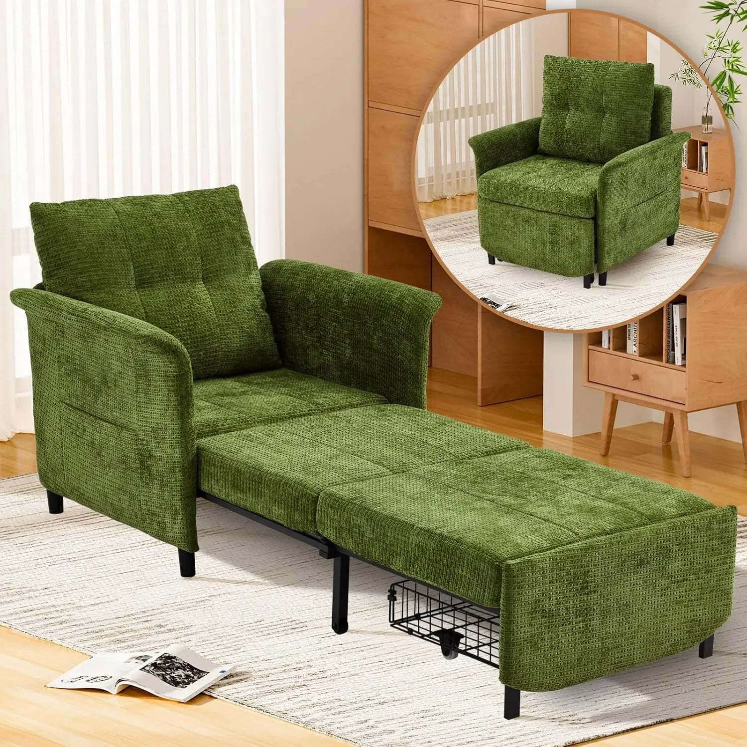 Adjustable Backrest Convertible Sleeper Chair/ Long Chair Bed/ 4-in-1 Pull out Lounge Chair/ 500 LBS Load Bearing Single Sofa