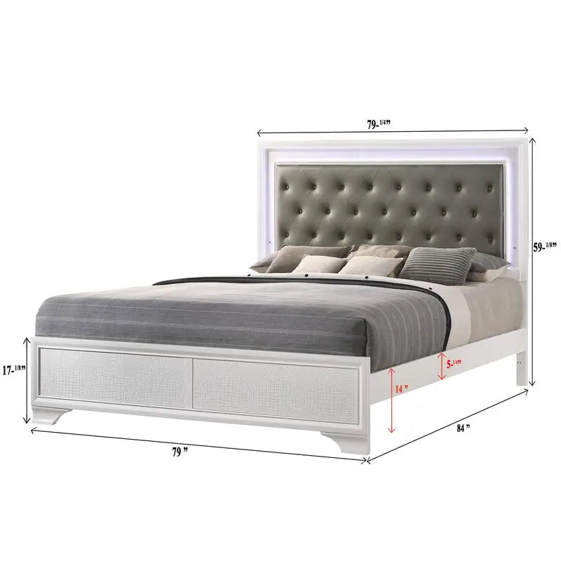 Modern White Crocodile Skin Finish King Size LED Panel Bed Faux Diamond Tufted Bedroom Furniture Set