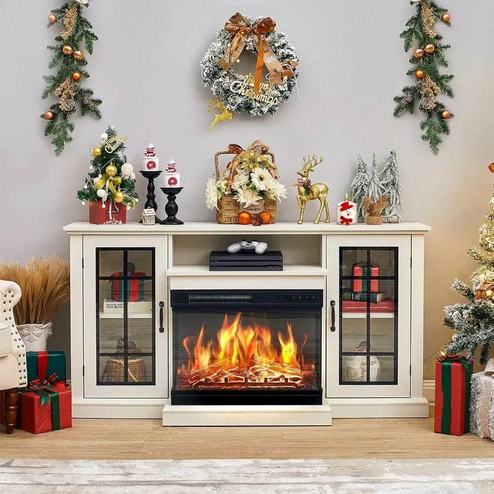 3-Sided Glass Fireplace TV Stand for TVs up to 65'' with 12 Color, Media Entertainment Center Console Table with Doors