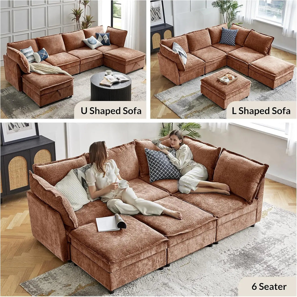 Oversized Modular Sectional Sofa, 8 Seat U Shaped Couch with Storage Ottoman, Comfy Chenille Sofa