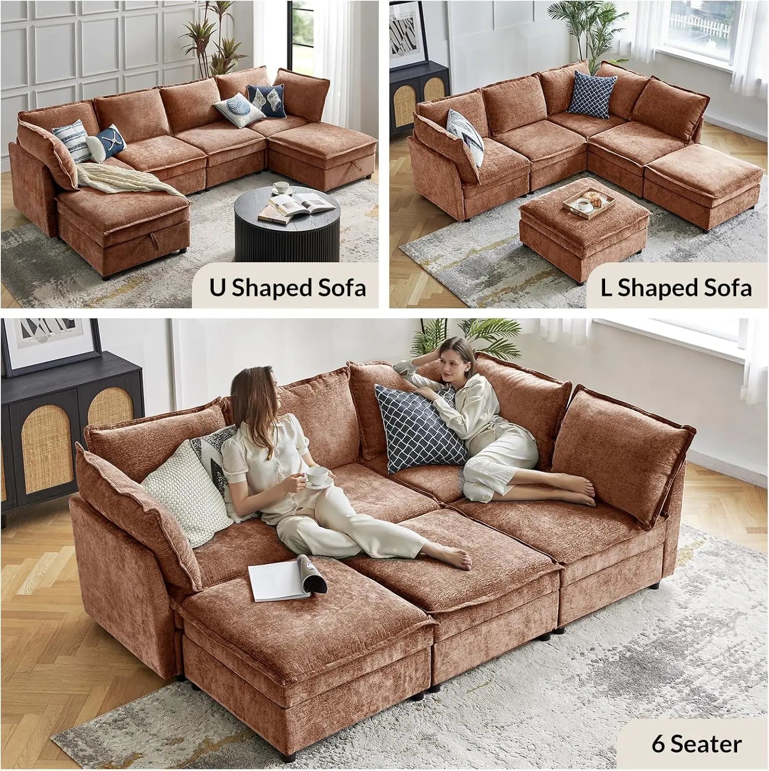 Oversized Modular Sectional Sofa, 8 Seat U Shaped Couch with Storage Ottoman, Comfy Chenille Sofa