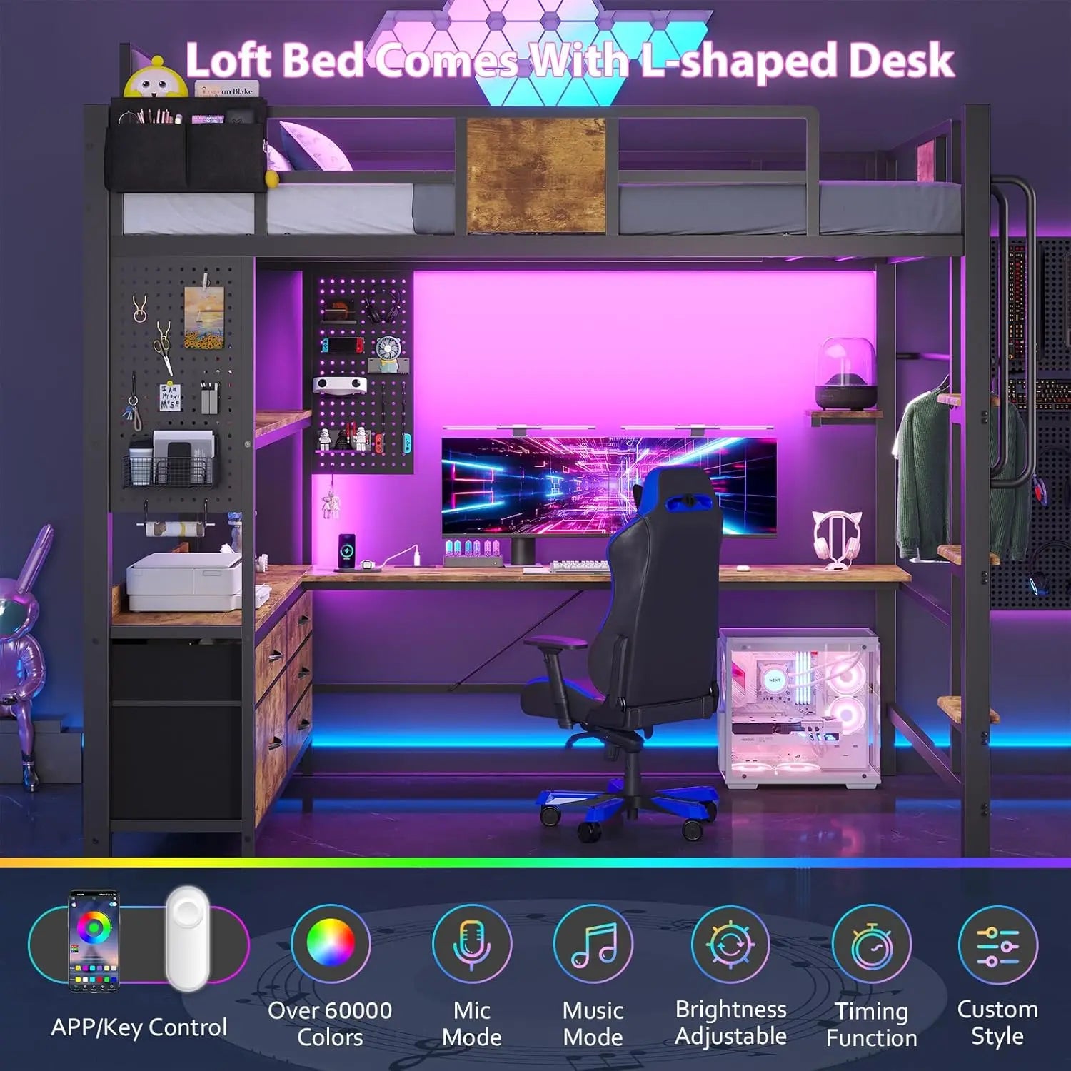 Full Size Loft Bed with L-Shaped Desk, 5 Drawers, LED Lights & Charging Station, Rustic Brown