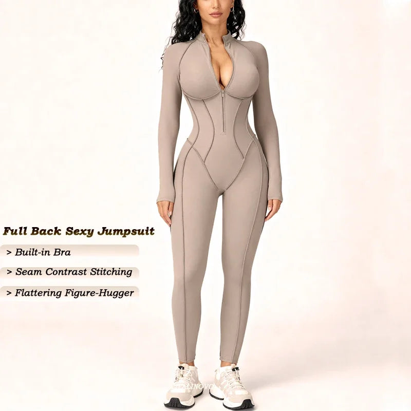 Women's Running Onesie Athletic Romper/ Pants, Long Sleeve, Zip Up Hiking Outfits, One Piece Workout Jumpsuit
