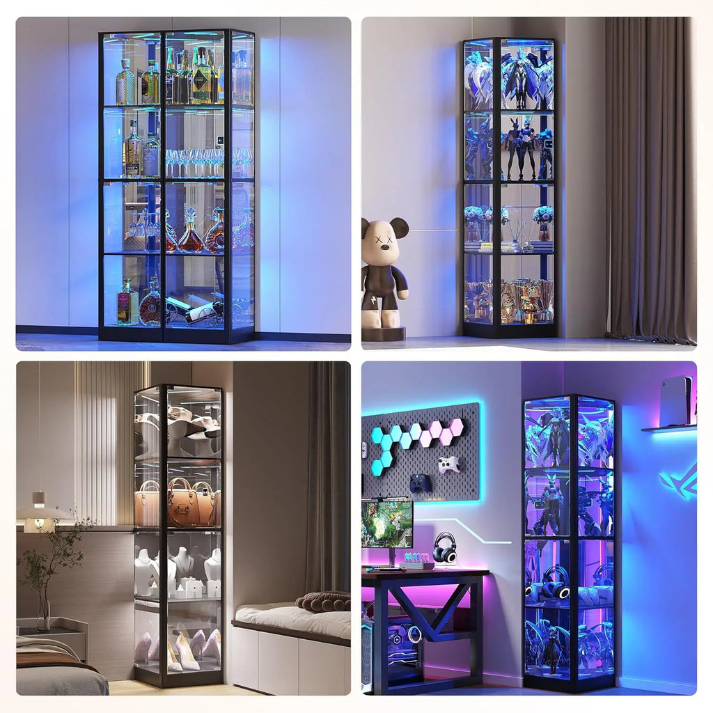 Display Cabinet with Glass Doors, 68" Corner Curio Cabinet with LED Lights, 4-Tier Glass Display Case for Collectibles/Toys