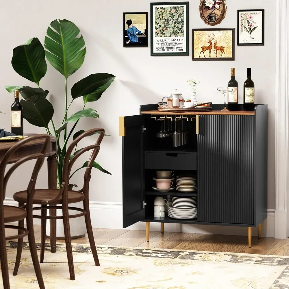 Sideboard Buffet Cabinet with Fluted Texture, Modern Coffee Bar Cabinet with Wine Rack &Drawers, Black Liquor Cabinet for Kitchen