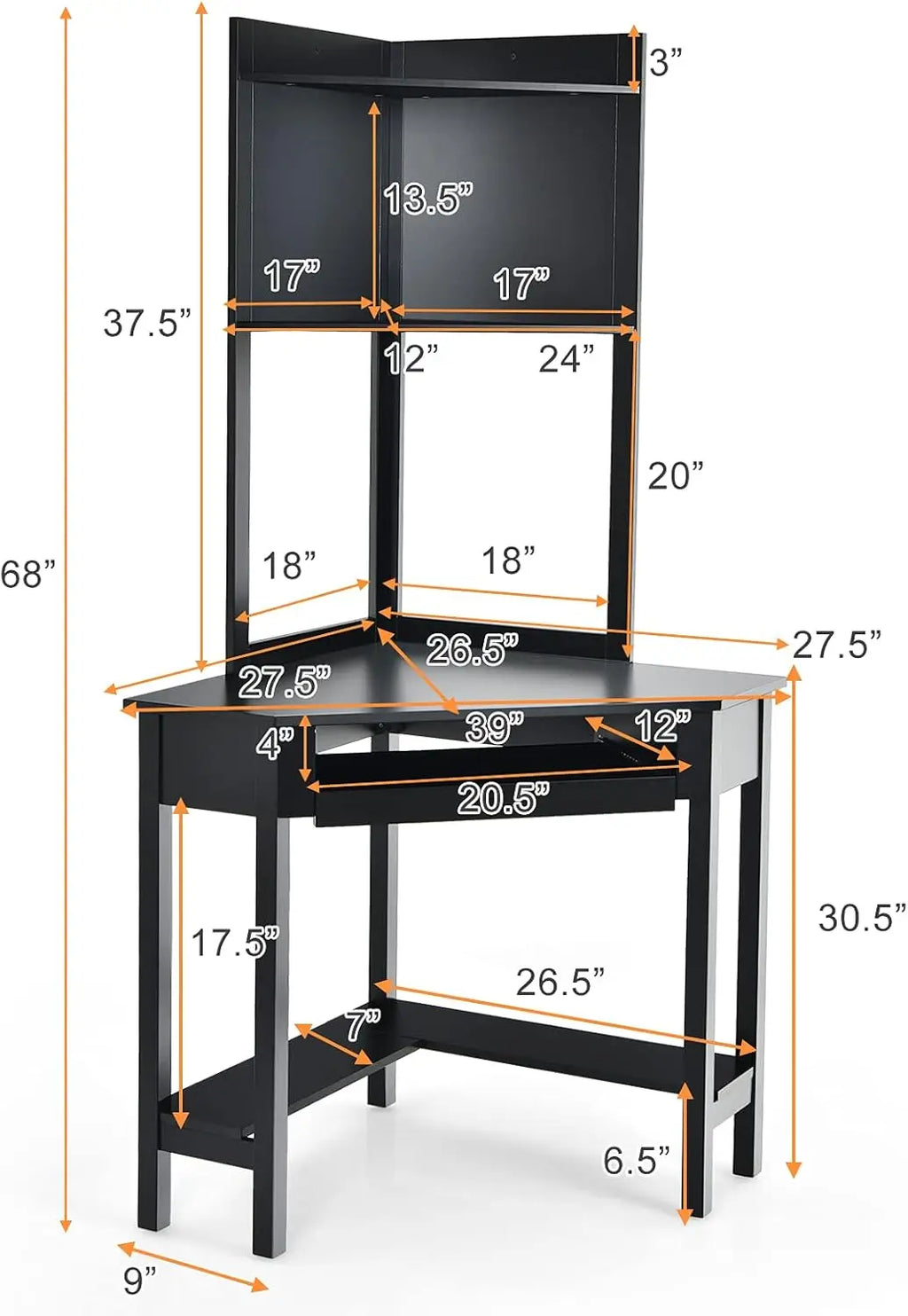 Corner Writing Desk with Hutch, 90 Degrees Triangle Small-Space Saving Computer Desk with Keyboard Tray & Bookshelves