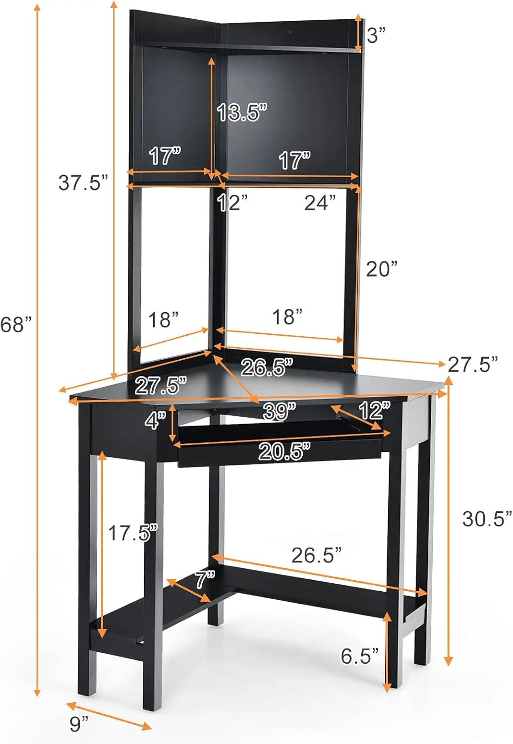 Corner Writing Desk with Hutch, 90 Degrees Triangle Small-Space Saving Computer Desk with Keyboard Tray & Bookshelves
