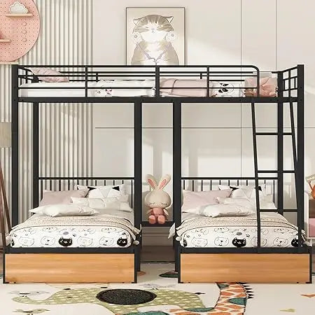 Sturdy Metal Triple Deck Bunk Bed, Full-Size Top with Twin Beds Below, Storage Drawers Included, 3-Bed Configuration/Convertible