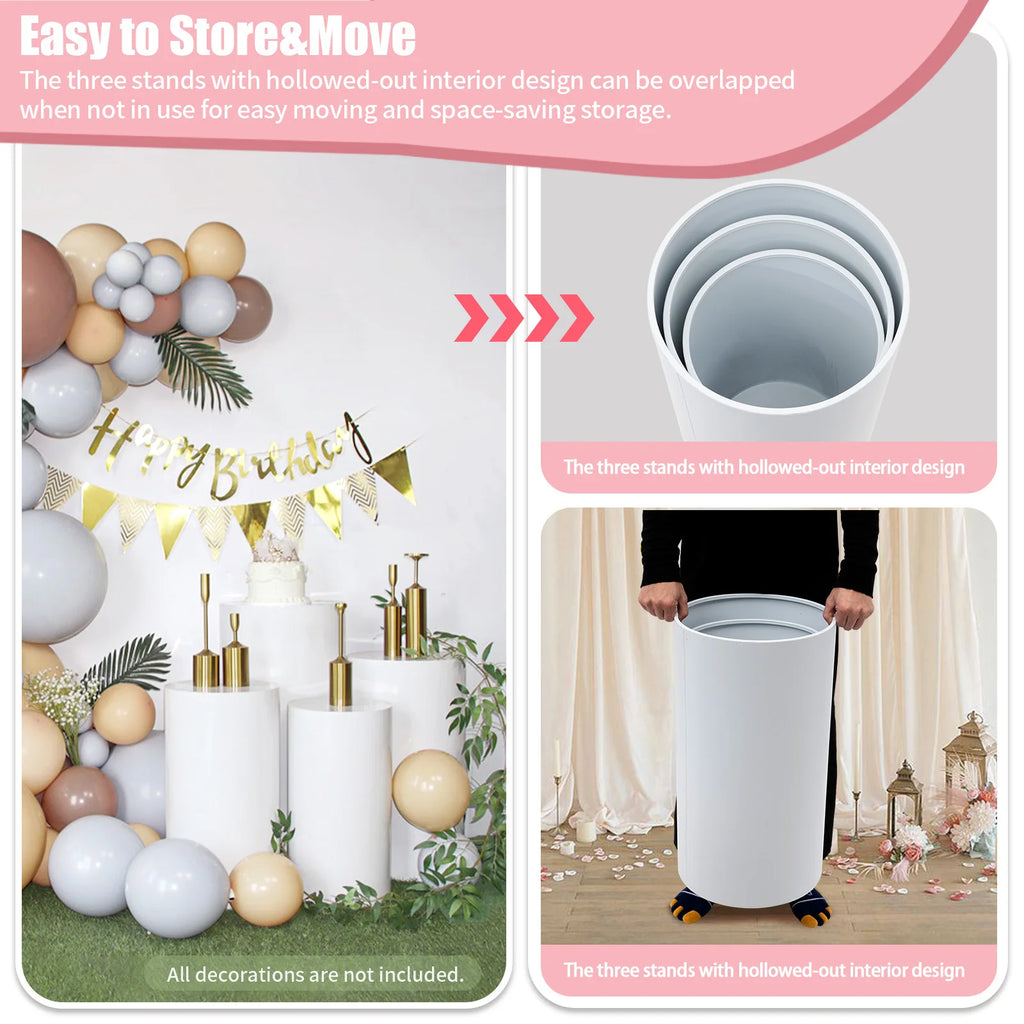 3 Pcs Cylinder Pedestal Stands Cake Cylinder Stands White Elegant Pedestal Display Rack for Parties and Events 19.68inch/21.65inch/23.62inch
