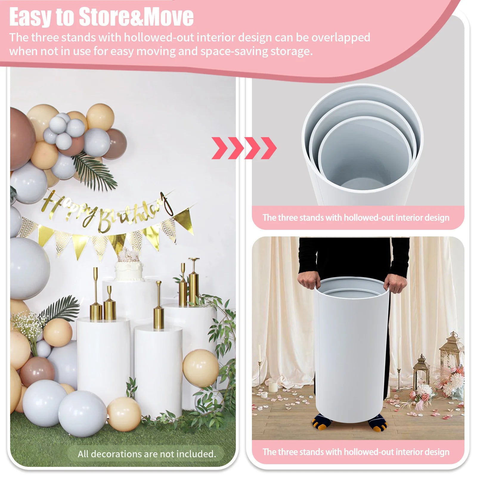3 Pcs Cylinder Pedestal Stands Cake Cylinder Stands White Elegant Pedestal Display Rack for Parties and Events 19.68inch/21.65inch/23.62inch