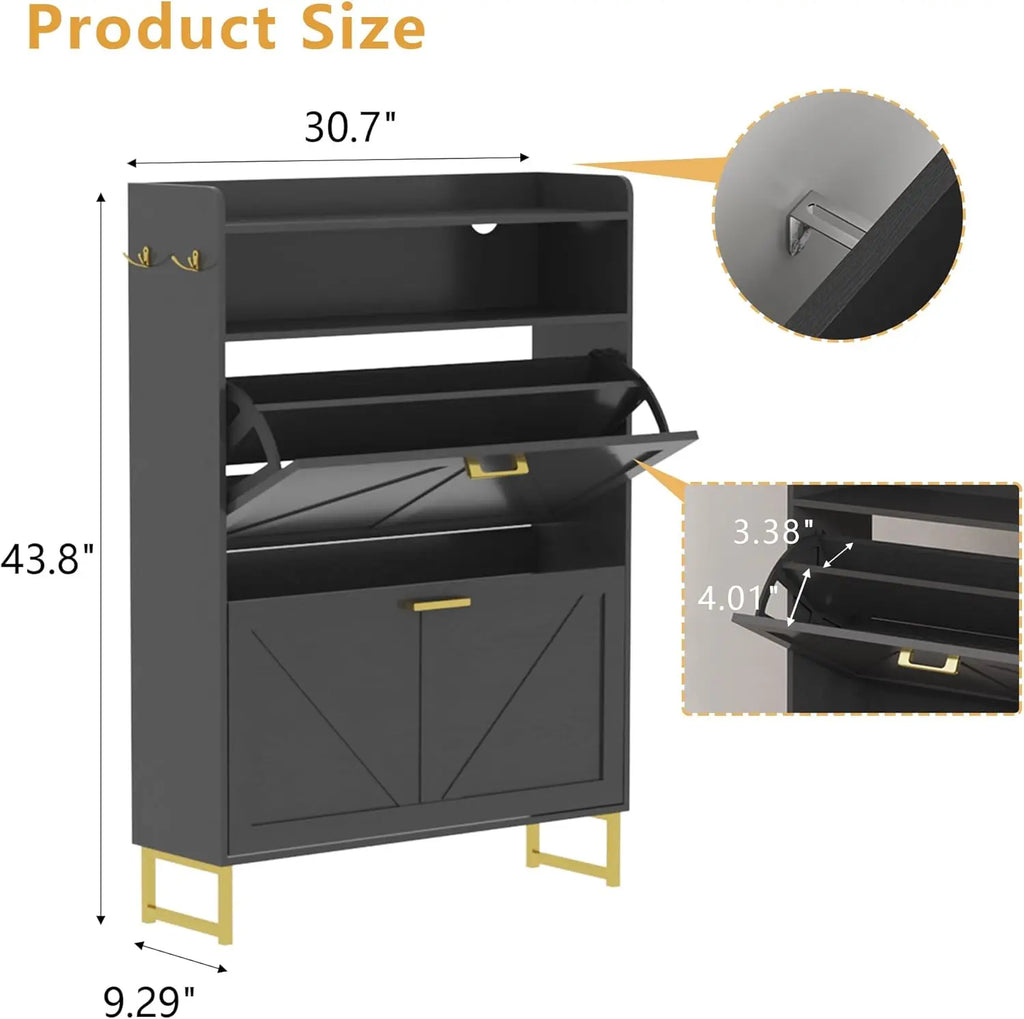 Shoe Cabinet with 2 Flip Drawers, Freestanding Hidden Shoe Storage Organizer, Shoe Rack Cabinet with Open Storage & Hooks