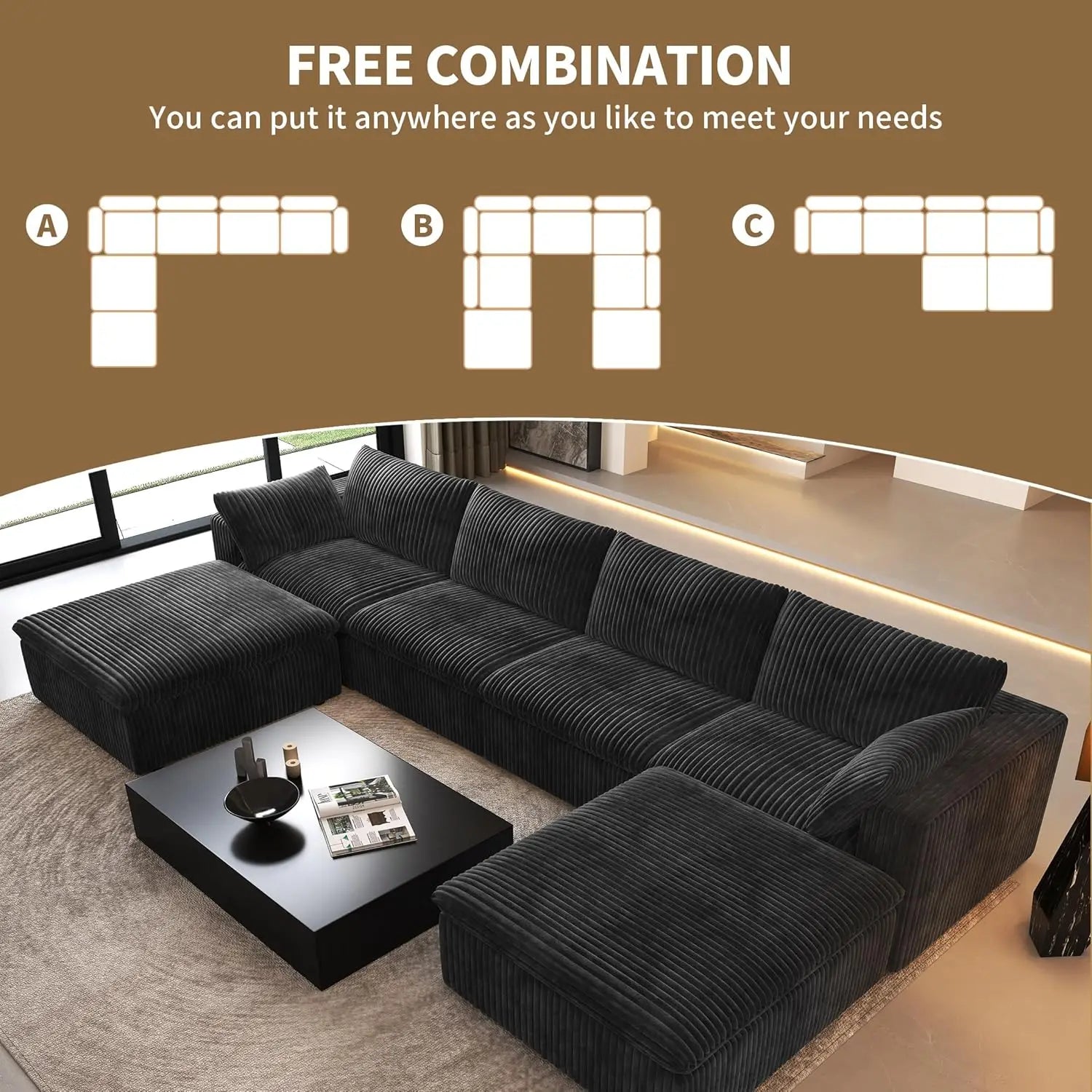 157.5" U Shaped Modern Sofa Modular Sectional Cloud Couch with 2 Ottoman,Deep Seat Upholstered Couches with Corduroy Fabric
