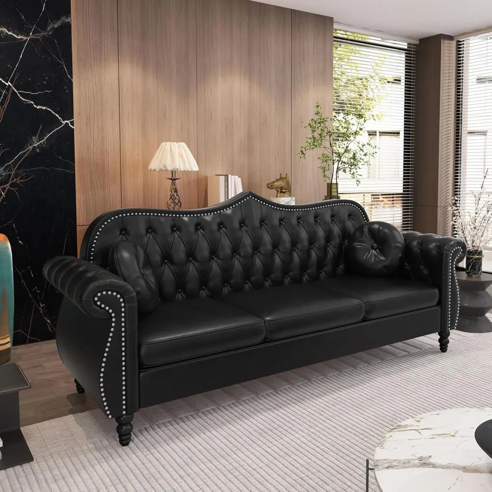 Chesterfield Three Seater Sofa, Mid-Century Modern Faux Leather 3-Seater Upholstered Couch, Tufted Living Room Sofa with 2 Pillows