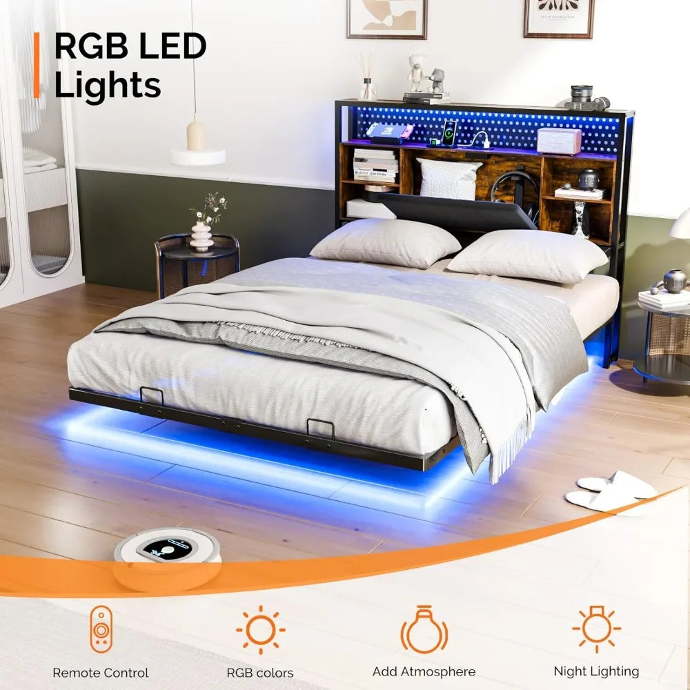 Full Size Floating Bed Frame with Headboard, LED Lights, Hidden Storage