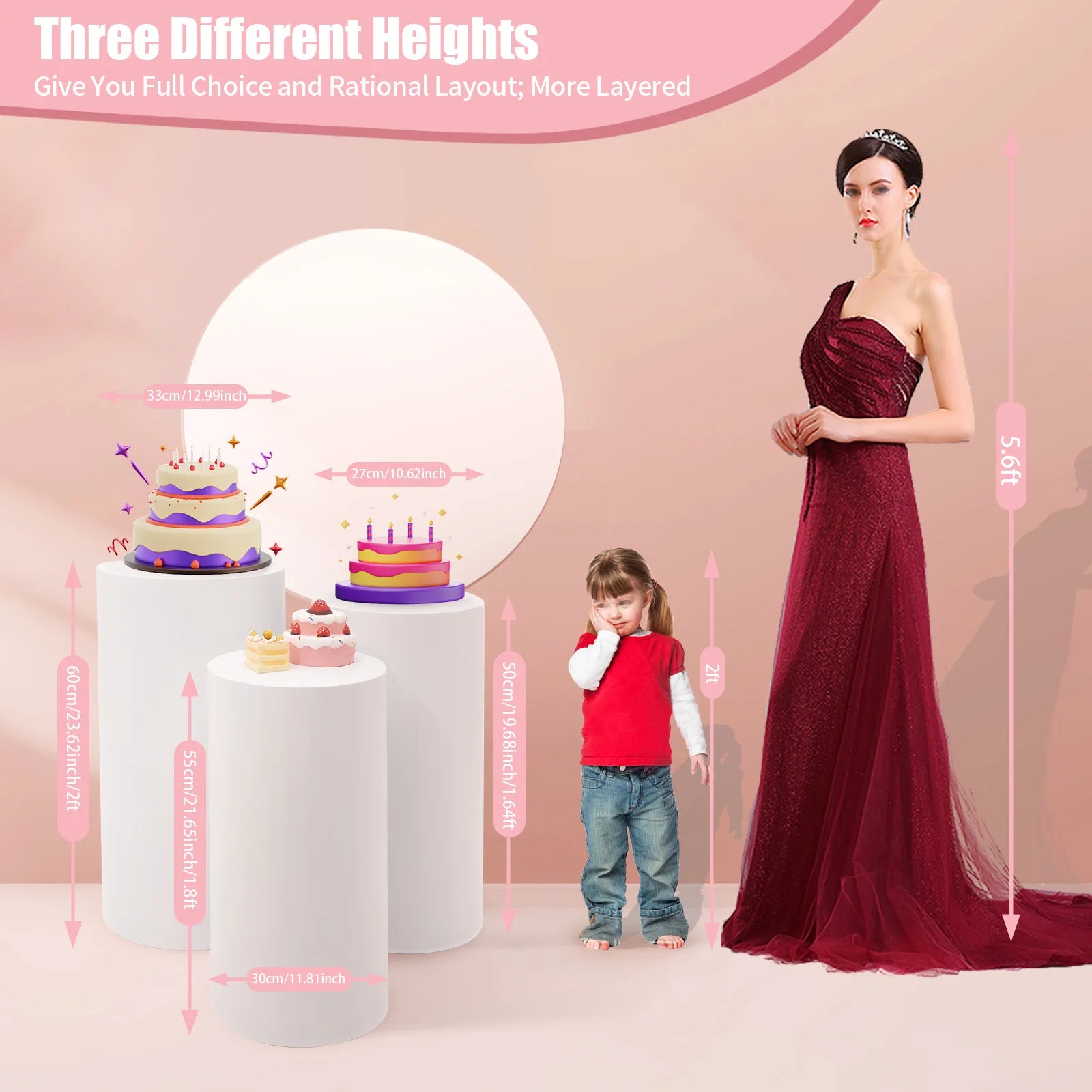 3 Pcs Cylinder Pedestal Stands Cake Cylinder Stands White Elegant Pedestal Display Rack for Parties and Events 19.68inch/21.65inch/23.62inch