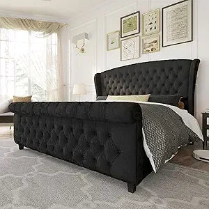 King Size Platform Bed Frame, Velvet Tufted Upholstered Sleigh Bed with Scroll Wingback Headboard & Footboard