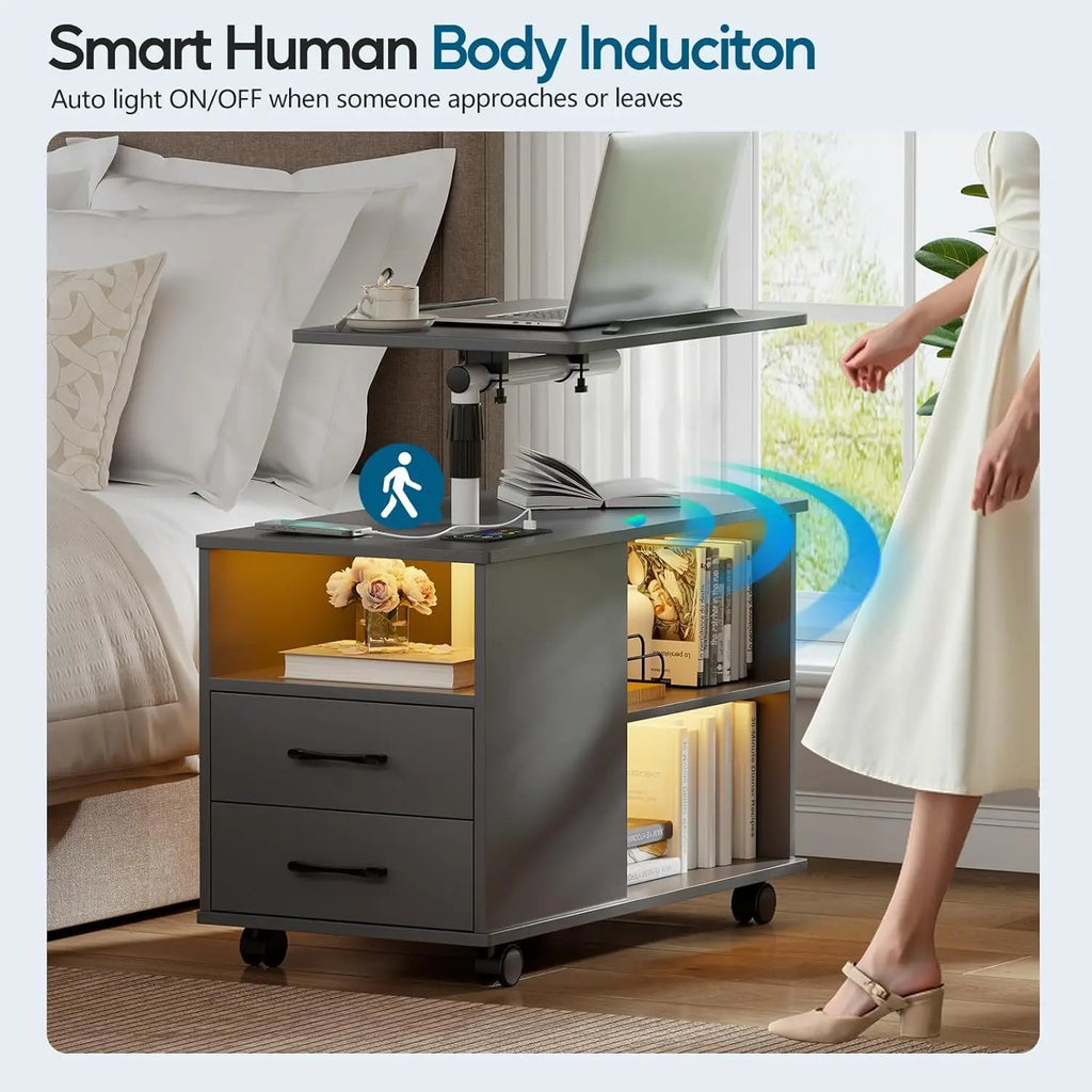 Nightstand with Charging Station, Bedside Table with LED Lights, Smart Side End Tabel Has Adjustable Rotary Table