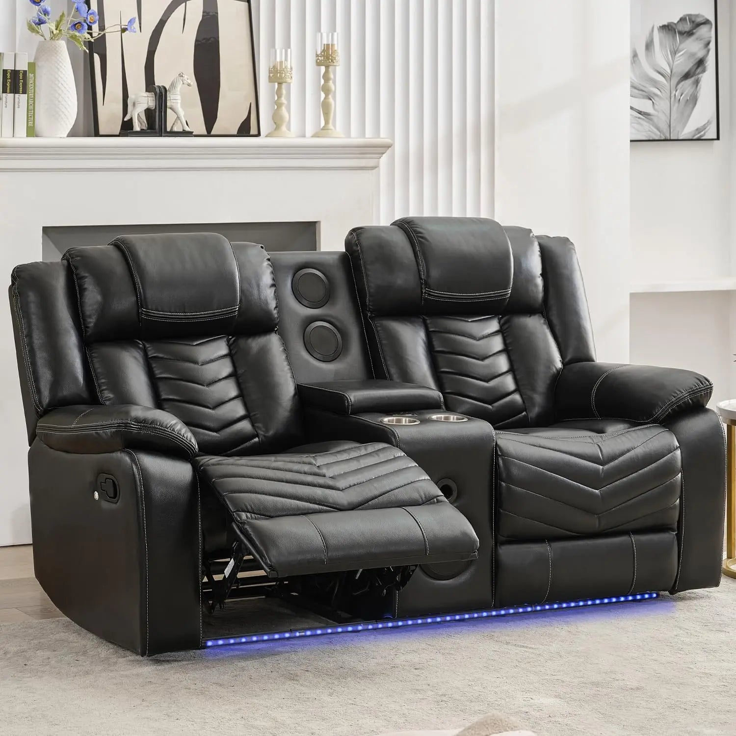 Manual Recliner Loveseat with Bass Speaker, Faux Leather Reclining Love Seat with LED Lights, USB Charger, Cup Holder
