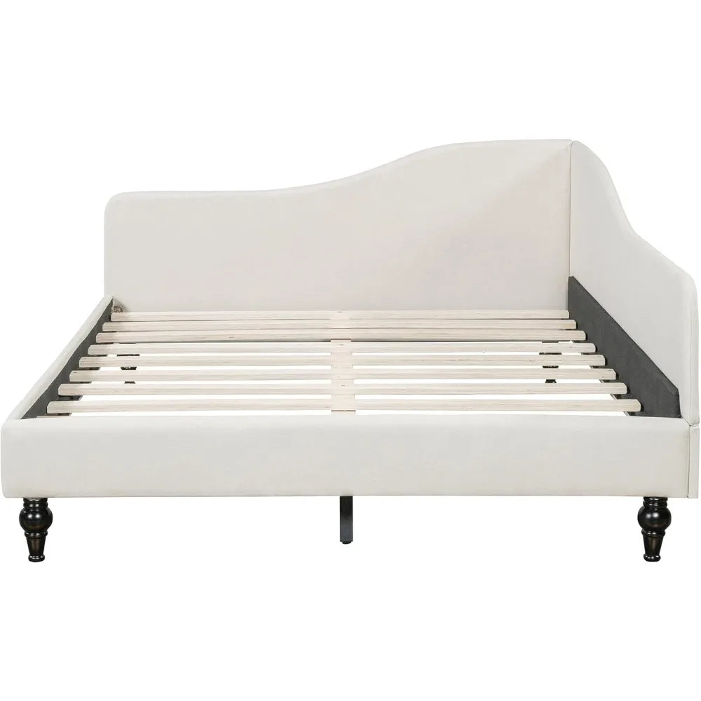 Full-Size Daybed Bed Frame with L-Shaped Linen Sofa Corner for Living and Guest Rooms, Solid Wood Legs, No Box Spring Need