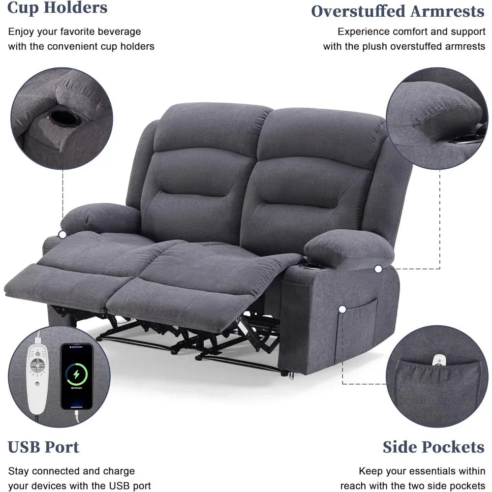 Spacious Two-Person Reclining Loveseat with Heating and Massage, Compact Recliner Sofa with Drink Holders and USB Charging