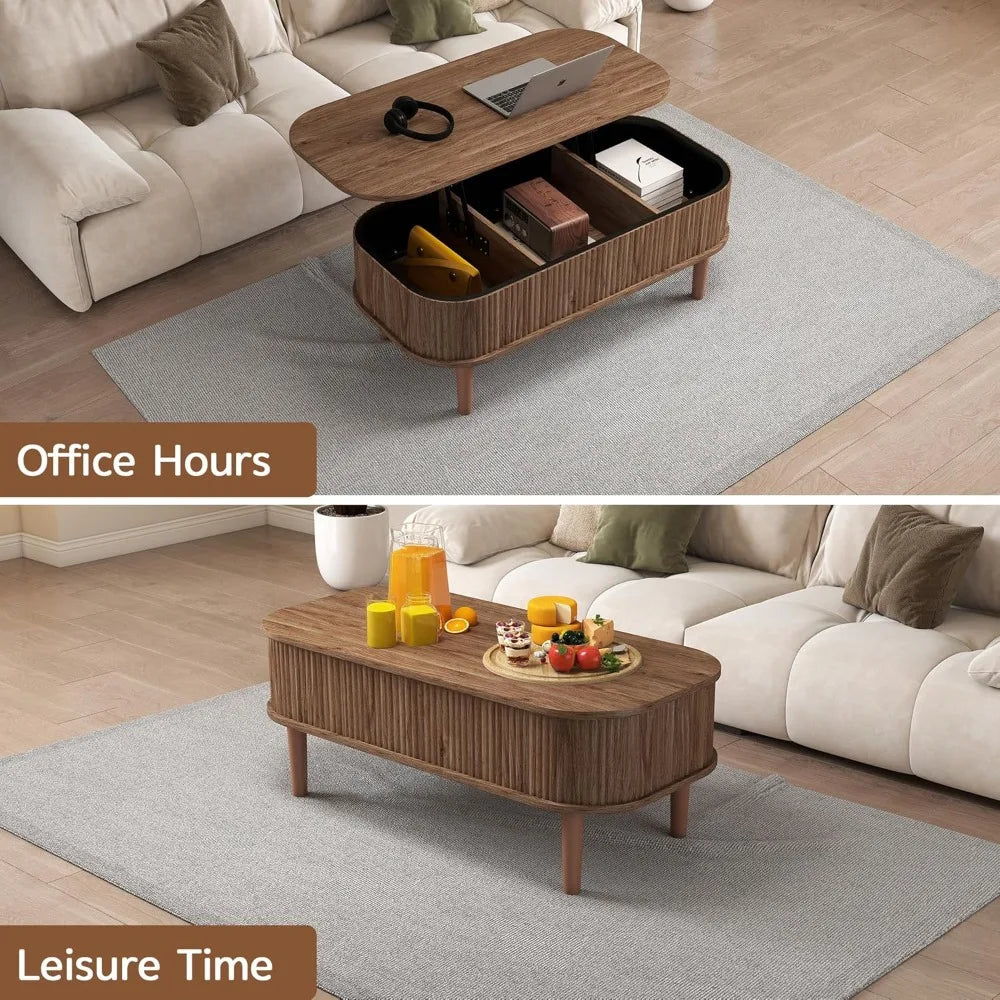 Coffee Table, Fluted Lift Top Coffee Tables for Living Room, Center Tables with Hidden Compartment, Modern Oval