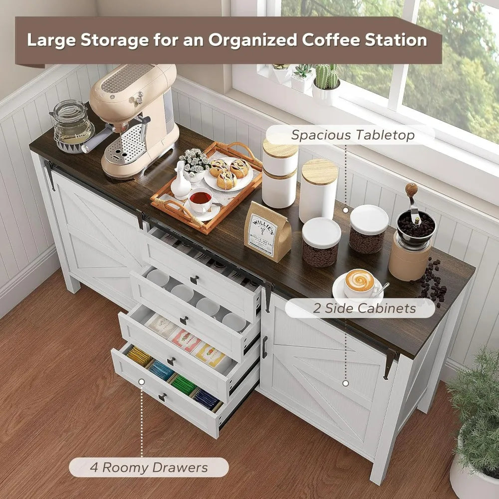 59 Farmhouse Style Buffet Cabinet with Thick Top, Coffee Bar with Sliding Barn Doors, 4 Drawers and 2 Shelves