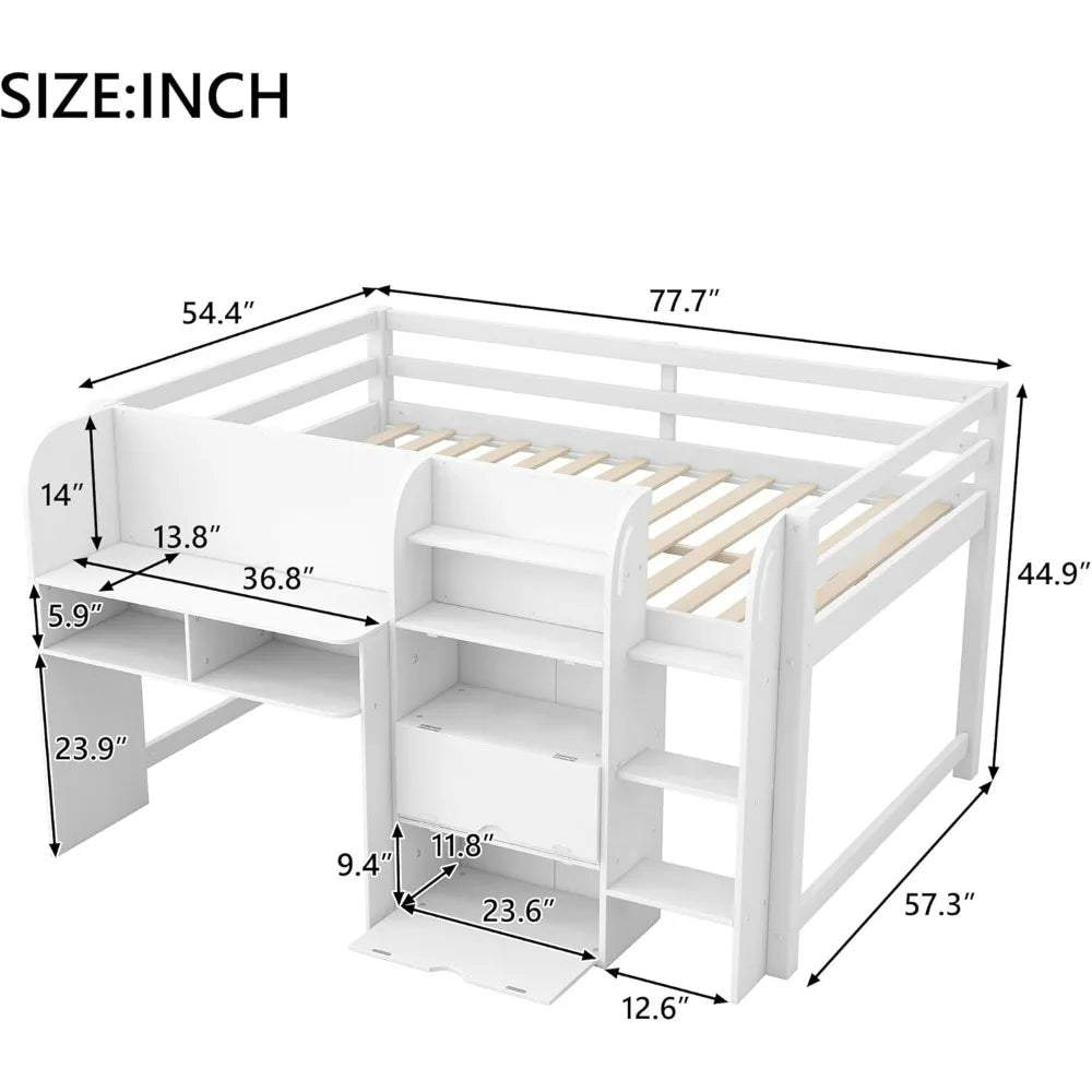 Modern Farmhouse Style Kids' Full Size Loft Bed with Desk, Storage, and Bookcase