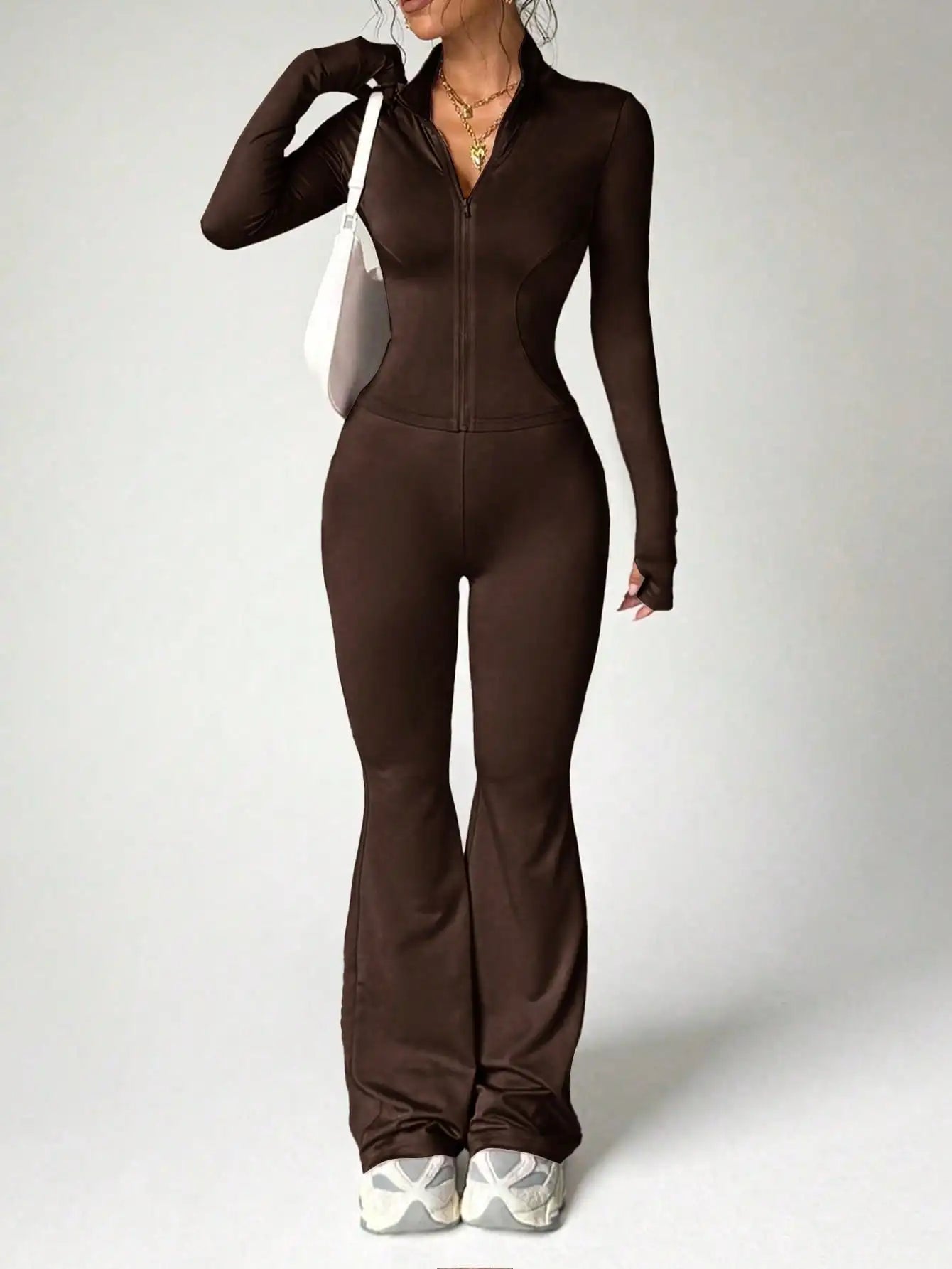 BWQ Women's Solid Color Long Sleeve Top And Fitted Sports Pants Set, Suitable For Fitness And Workout