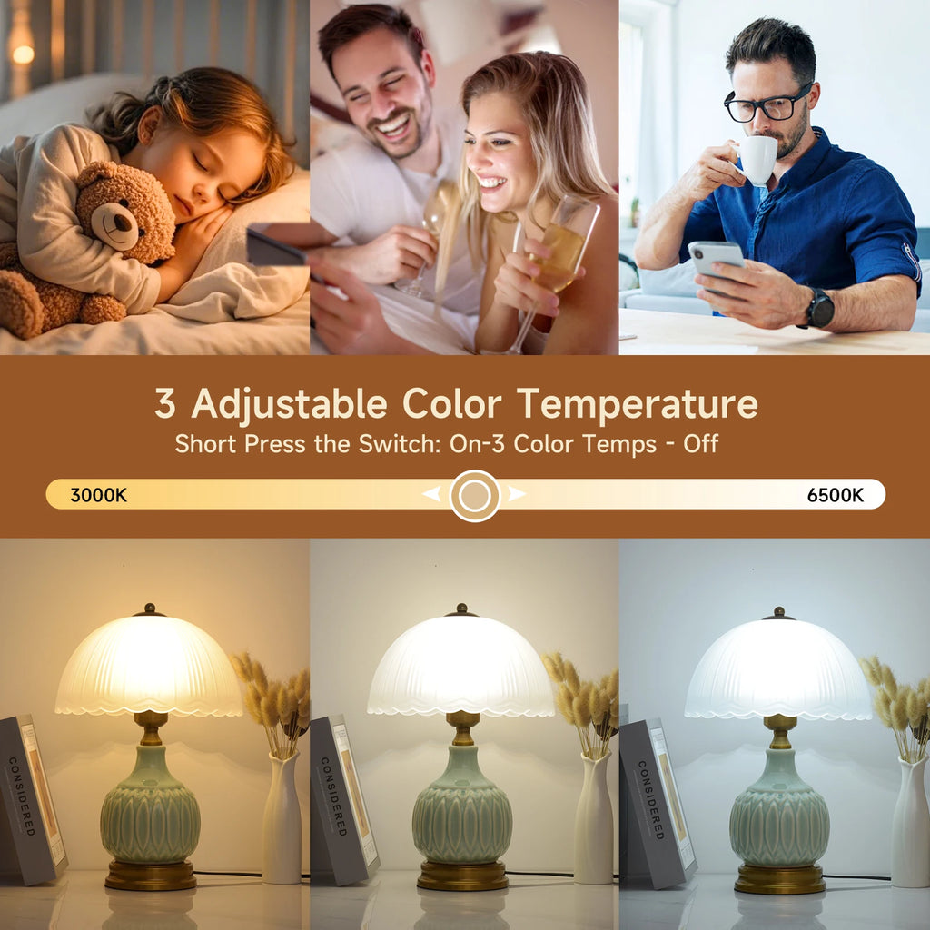 Vintage Lamp for Living Room,16" Modern Ceramic Table Lamps for Bedroom, Retro Bedside Nightstand/ Traditional Lamps ,Classic Chino