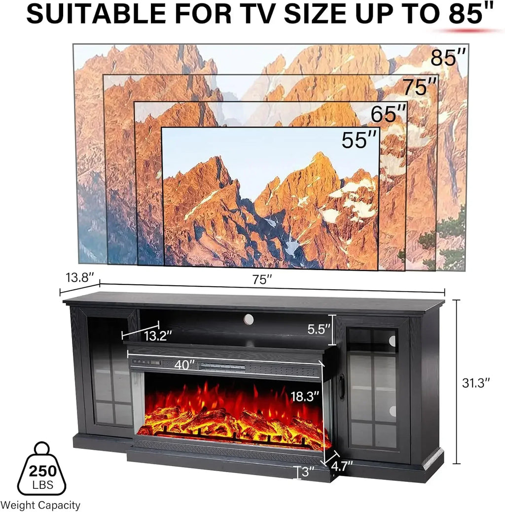 75" Fireplace TV Stand with 3-Sided Glass Electric Fireplace, Media Entertainment Center , TVs up to 85", Black