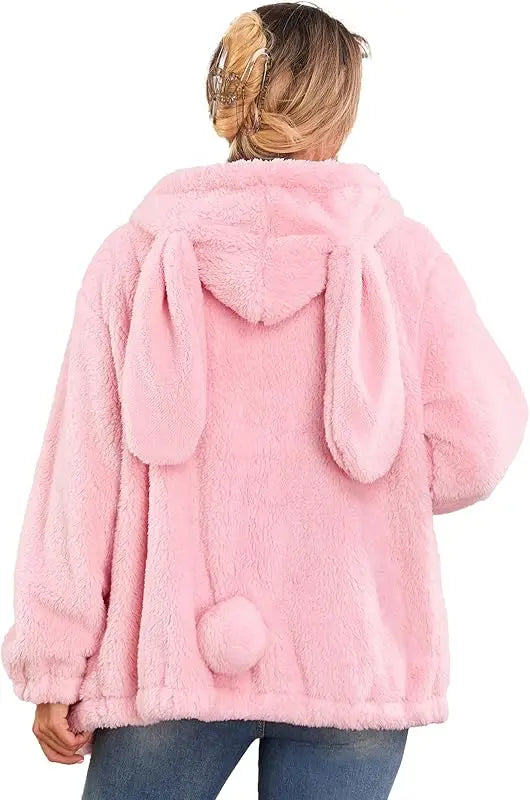 Fluffy Kawaii Bunny/Bear Hoodie Ears&Tail Animal Top/ Cute Rabbit Zip Jacket Winter Women/ Girl Sweet Sweater Coat