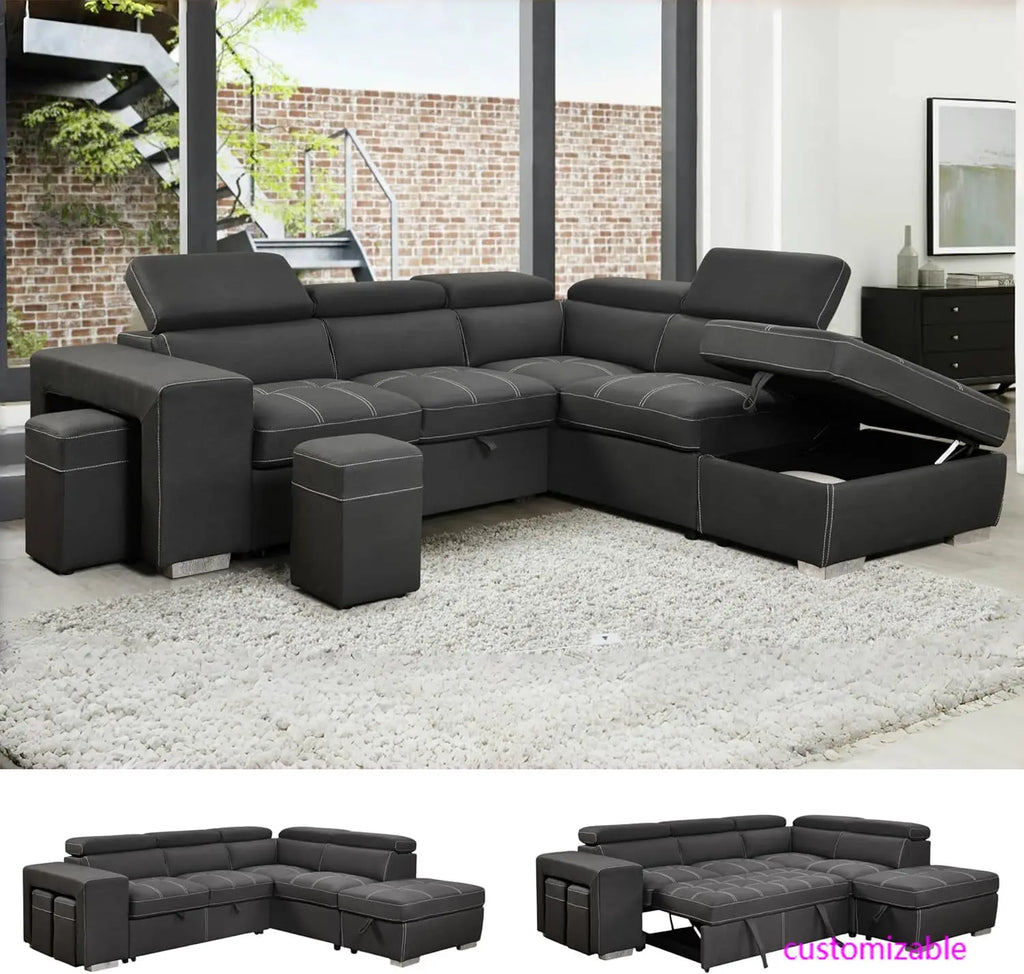 Microfiber Sectional Sleeper Sofa Couch Pull Out Bed with Right Facing Chaise, 5 Seats L Shaped Sectional Sofa Couch