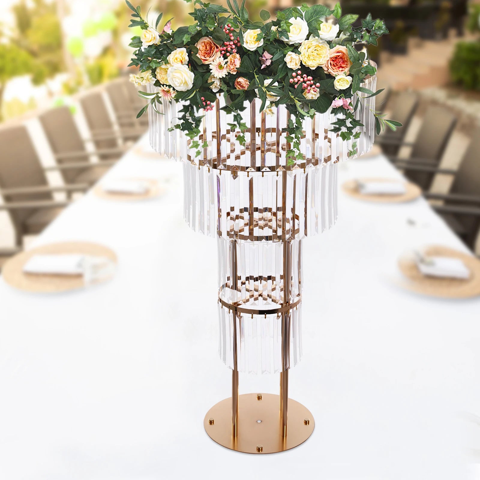 4 Tier Round Gold Electroplated Iron Crystal Flower Stand/ Freestanding 90cm Acrylic Floral Pedestal Holder/ Heavy 8kg Load Wedding Table Centerpiece Decor/ Easy Assemble/ Detachable Display Rack for Birthday/ Baby Shower/ Va