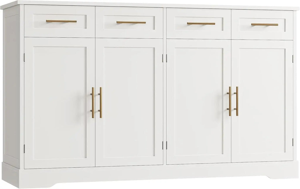 60" Modern Buffet Cabinet with 4 Drawers, Gold Handles, White Kitchen Storage Sideboard