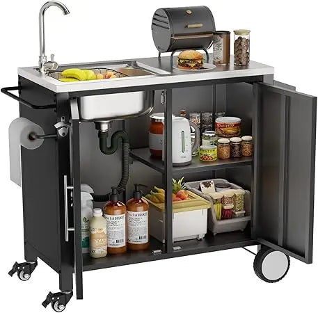 Stainless Steel Outdoor Grill Table with Sink and Storage Cabinet