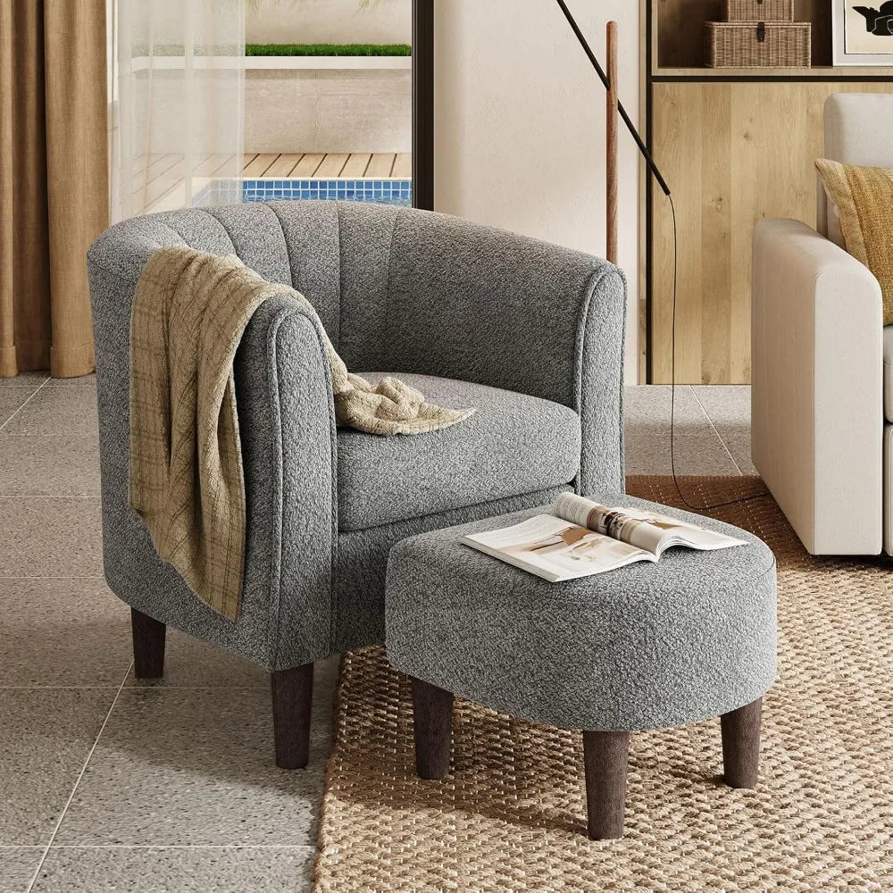 Accent Chair Ottoman Set: Chenille Barrel Chair with Foot Rest, Mid-Century Modern Small Reading Chair/ Upholstered Armchair