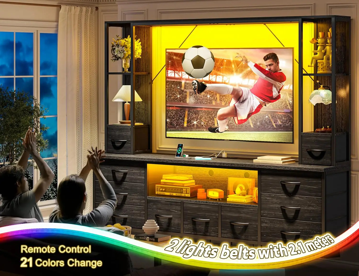 65" TV Stand for Living Room, Large Wall Unit Entertainment Center with 11 Fabric Drawers ,Dresser with 2 LED Lights