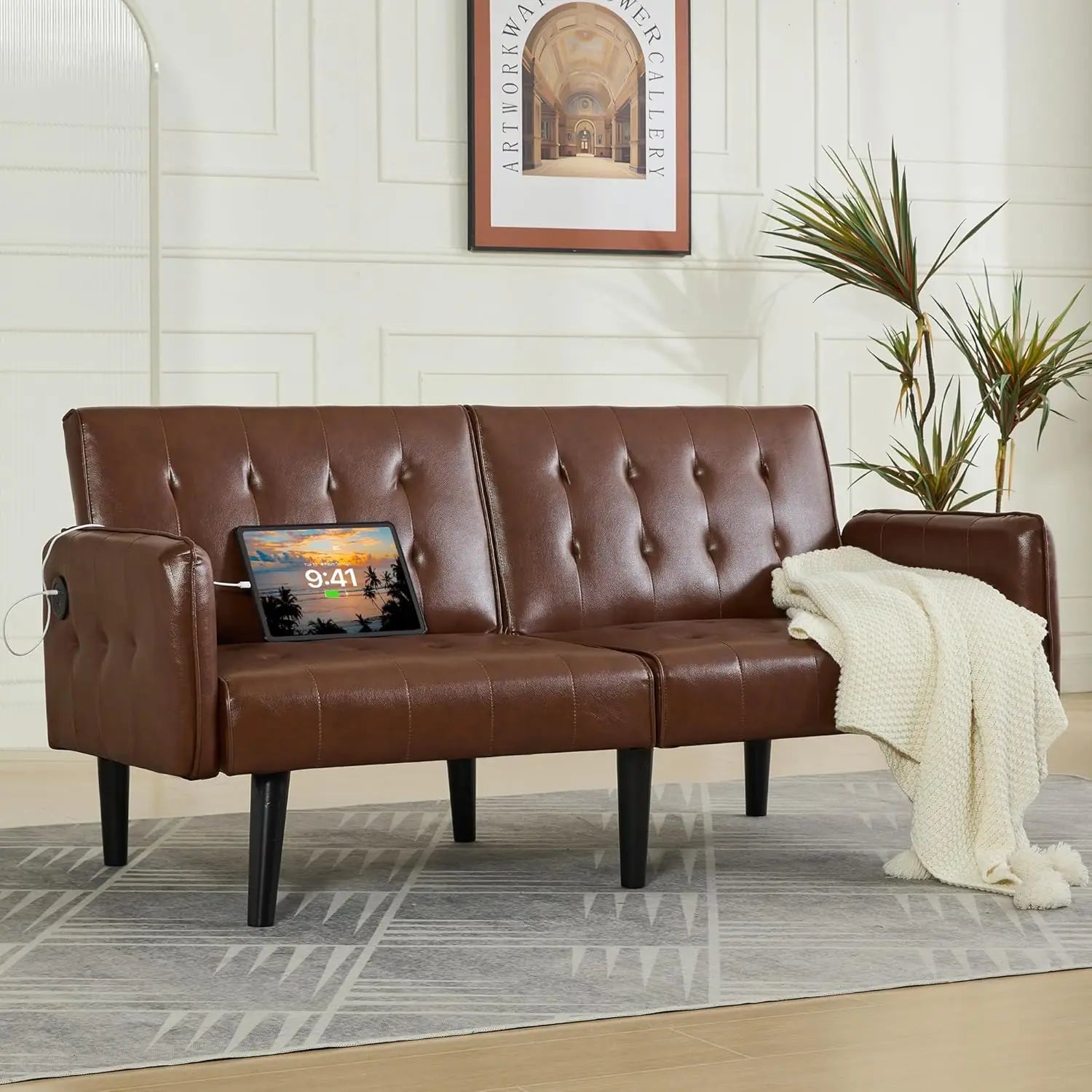65-inch Wide Velvet Modern Convertible Futon Sofa Bed with USB Charging Ports and Arms, Ideal for Compact Living Spaces