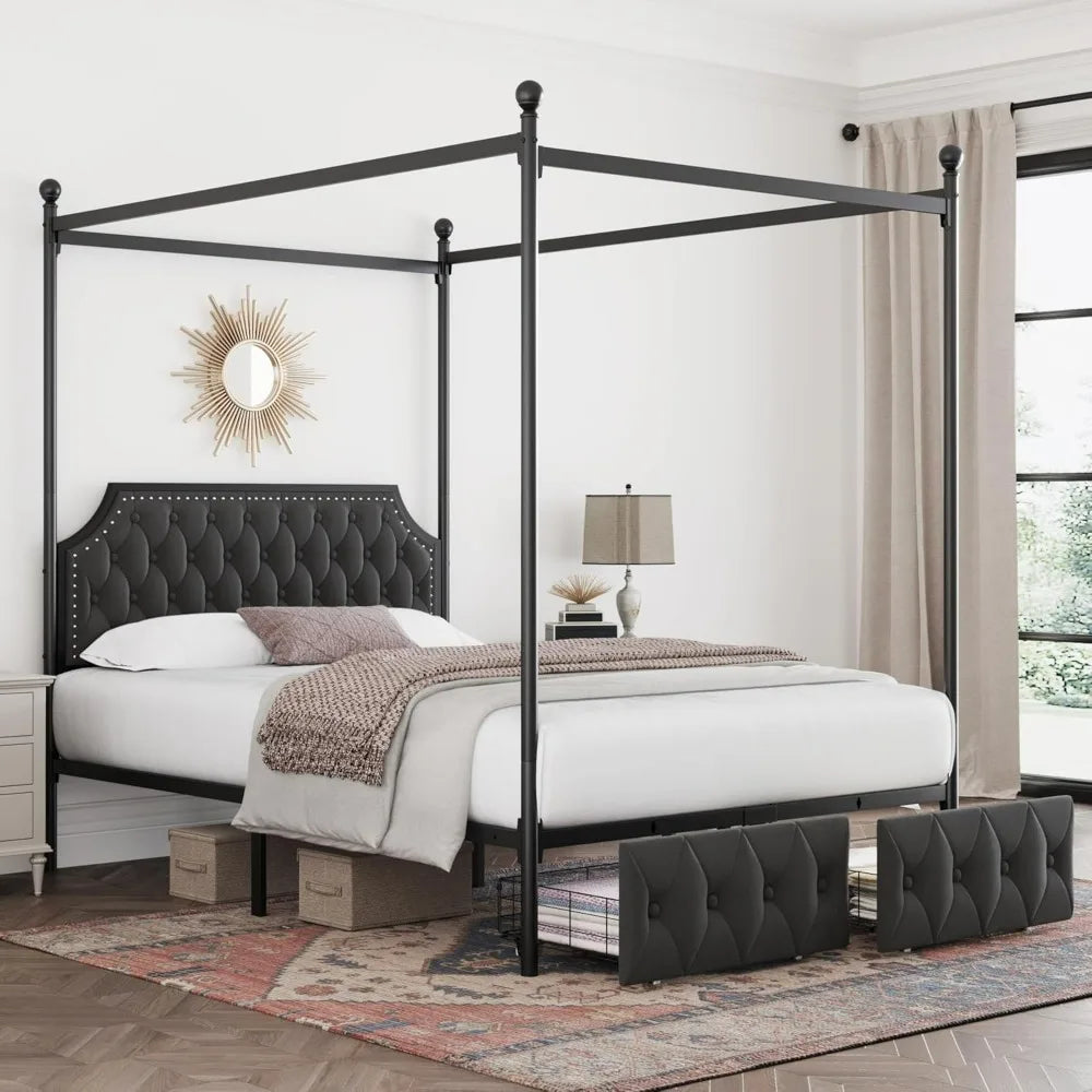 Queen Size Upholstered Canopy Bed Frame with Button Tufted Headboard, Metal Platform Base, and 2 Storage Drawers