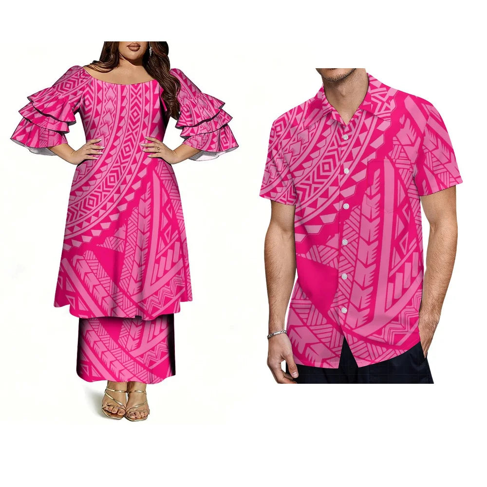 Customized Men's Short-Sleeved Shirts With Polynesian Pacific Island/ Ethnic Style Fashionable Women's Elegant Dresses