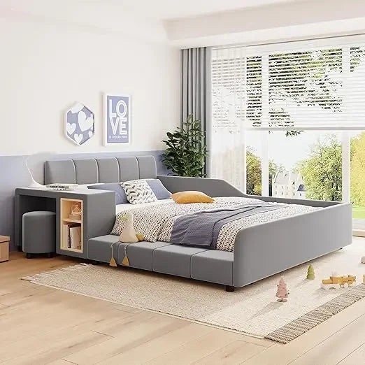 Velvet Upholstered Grounded Platform Bed, Wooden Full Size Mother & Child Bed Frame with Bedside Desk and Little Round Stool